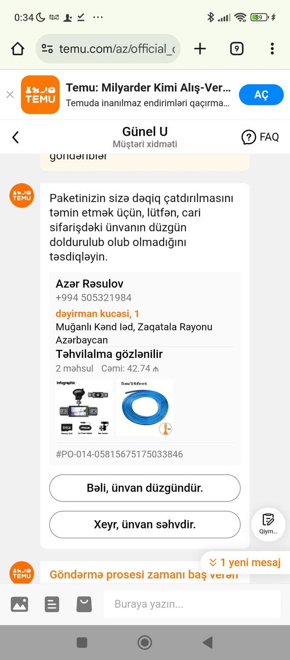 Temudan mal sifariş etdim. Çatdırılma