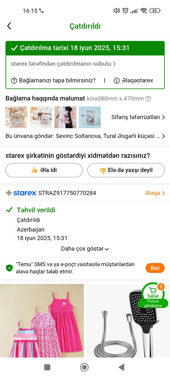 Mənim sifarişim çatdirilmayib amma temuda