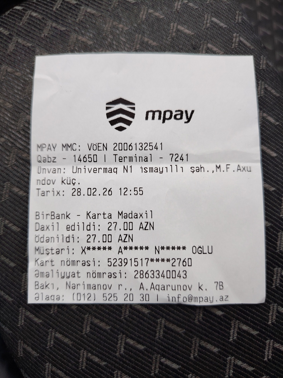Mpay terminal vasitəsilə kapital bank