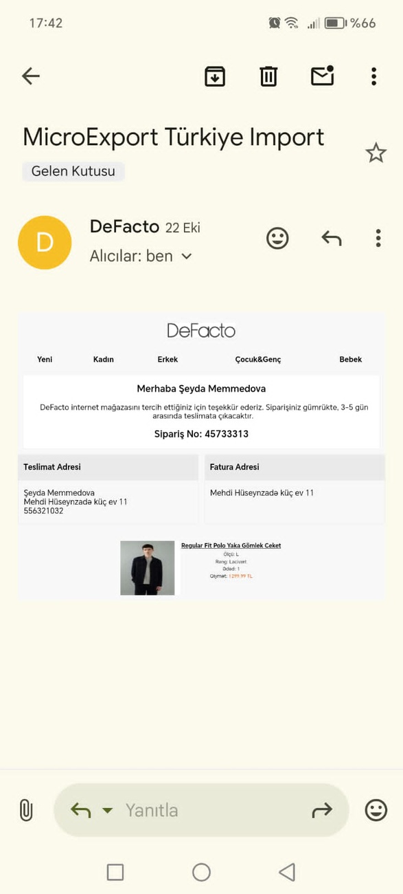 Defacto tetbiqinden mehsul siparis eledim,beyan