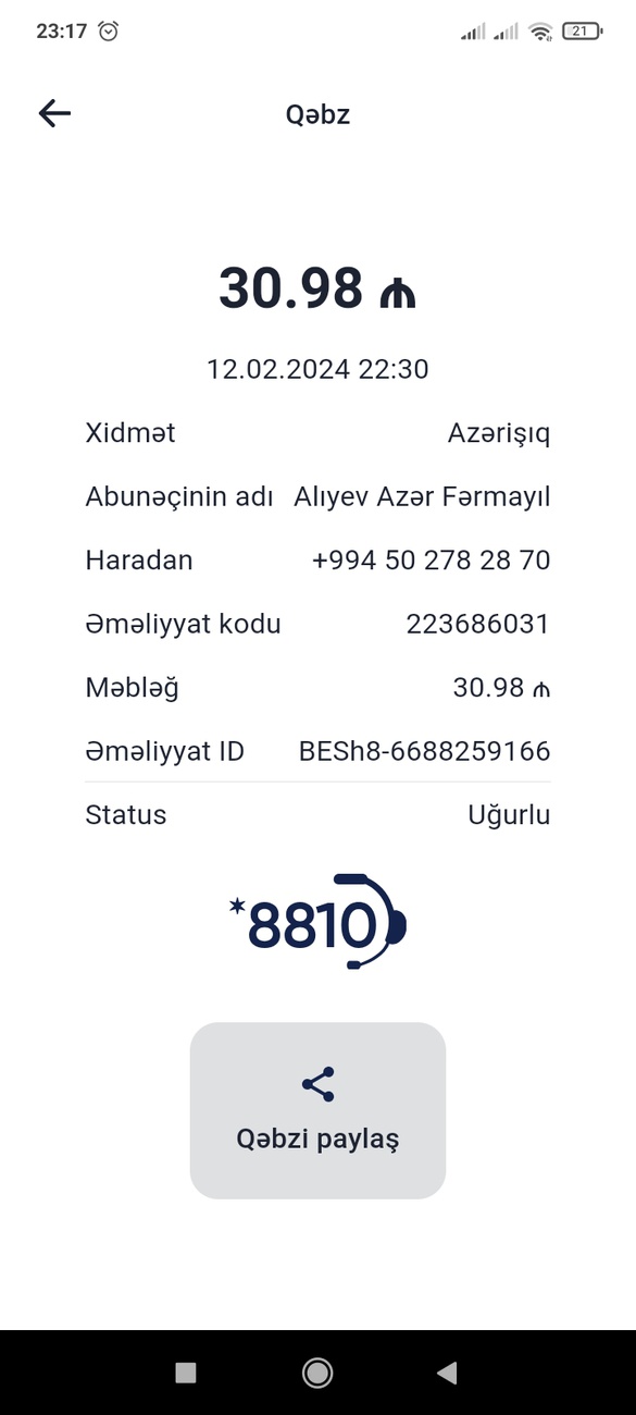 M10 istifadəcisiyəm. İşıq pulunun 30.98 manatını