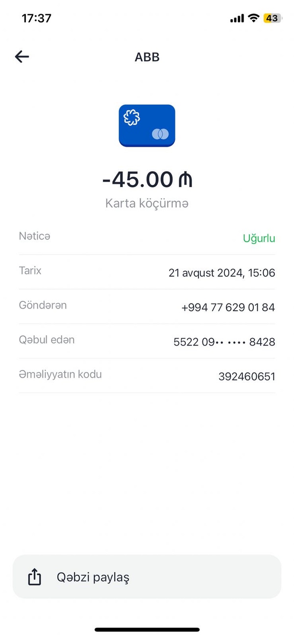 Hesabdan pul göndərdiyimiz zaman pul